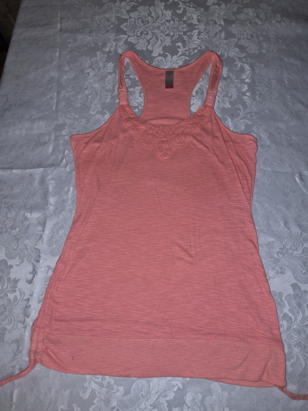 No Boundaries Coral Racerback Tank with Lace Accent